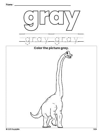 Free dinosaur color gray coloring page and color worksheet, gray worksheet for preschoolers to learn colors, printable PDF