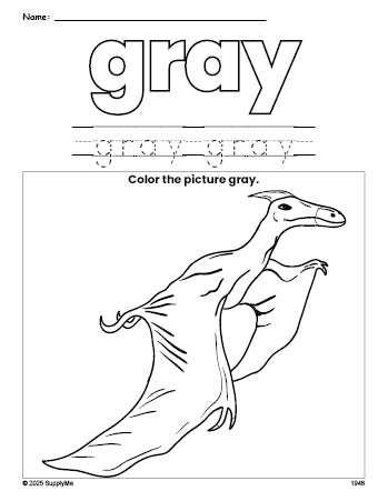 Free dinosaur color gray coloring page and color worksheet, gray worksheet for preschoolers to learn colors, printable PDF