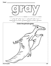 Free dinosaur color gray coloring page and color worksheet, gray worksheet for preschoolers to learn colors, printable PDF