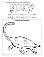 Free dinosaur color gray coloring page and color worksheet, gray worksheet for preschoolers to learn colors, printable PDF