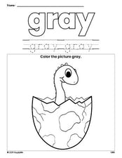 Free dinosaur color gray coloring page and color worksheet, gray worksheet for preschoolers to learn colors, printable PDF