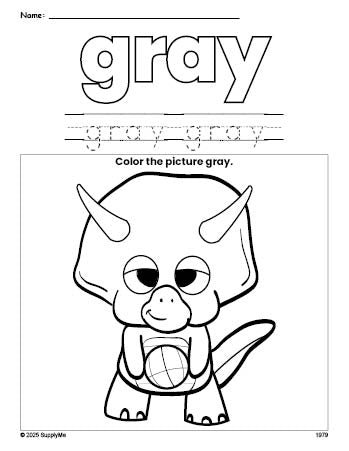 Free dinosaur color gray coloring page and color worksheet, gray worksheet for preschoolers to learn colors, printable PDF