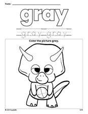 Free dinosaur color gray coloring page and color worksheet, gray worksheet for preschoolers to learn colors, printable PDF