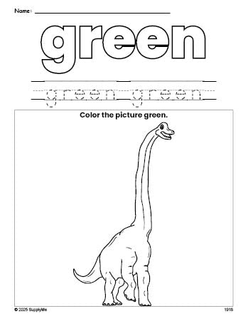 Free dinosaur color green coloring page and color worksheet, green worksheet for preschoolers to learn colors, printable PDF