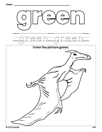 Free dinosaur color green coloring page and color worksheet, green worksheet for preschoolers to learn colors, printable PDF