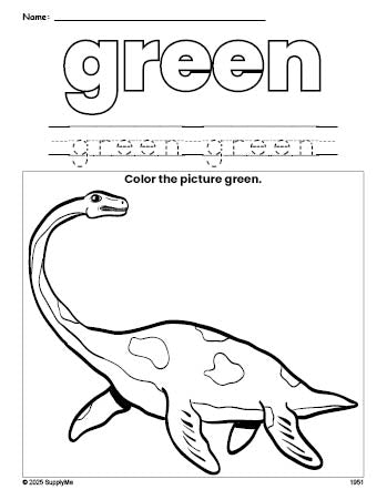 Free dinosaur color green coloring page and color worksheet, green worksheet for preschoolers to learn colors, printable PDF