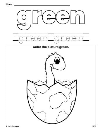 Free dinosaur color green coloring page and color worksheet, green worksheet for preschoolers to learn colors, printable PDF