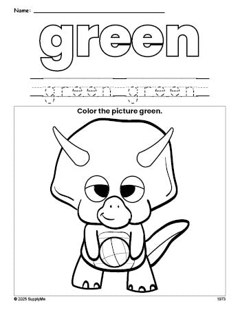 Free dinosaur color green coloring page and color worksheet, green worksheet for preschoolers to learn colors, printable PDF