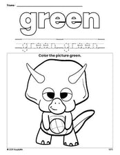 Free dinosaur color green coloring page and color worksheet, green worksheet for preschoolers to learn colors, printable PDF