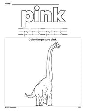 Free dinosaur color pink coloring page and color worksheet, pink worksheet for preschoolers to learn colors, printable PDF