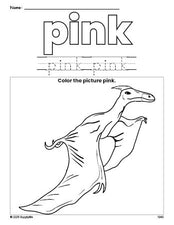 Free dinosaur color pink coloring page and color worksheet, pink worksheet for preschoolers to learn colors, printable PDF