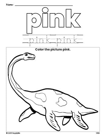 Free dinosaur color pink coloring page and color worksheet, pink worksheet for preschoolers to learn colors, printable PDF