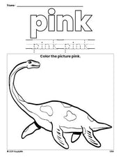 Free dinosaur color pink coloring page and color worksheet, pink worksheet for preschoolers to learn colors, printable PDF