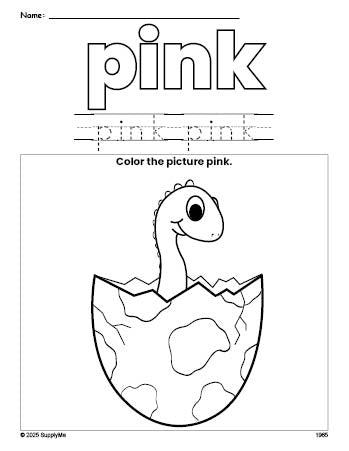 Free dinosaur color pink coloring page and color worksheet, pink worksheet for preschoolers to learn colors, printable PDF