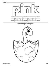 Free dinosaur color pink coloring page and color worksheet, pink worksheet for preschoolers to learn colors, printable PDF