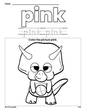 Free dinosaur color pink coloring page and color worksheet, pink worksheet for preschoolers to learn colors, printable PDF