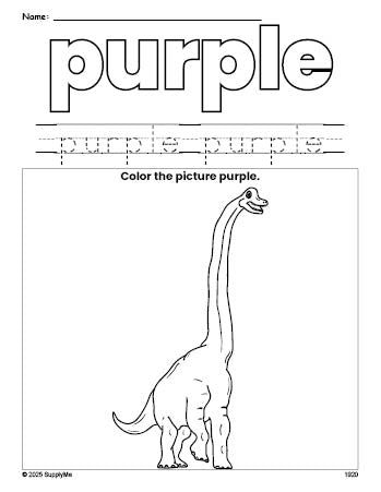 Free dinosaur color purple coloring page and color worksheet, purple worksheet for preschoolers to learn colors, printable PDF