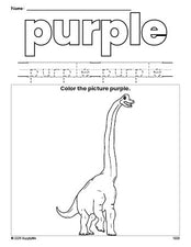 Free dinosaur color purple coloring page and color worksheet, purple worksheet for preschoolers to learn colors, printable PDF