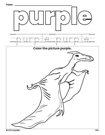 Free dinosaur color purple coloring page and color worksheet, purple worksheet for preschoolers to learn colors, printable PDF