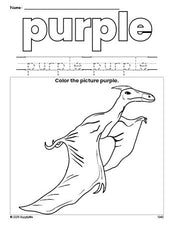 Free dinosaur color purple coloring page and color worksheet, purple worksheet for preschoolers to learn colors, printable PDF