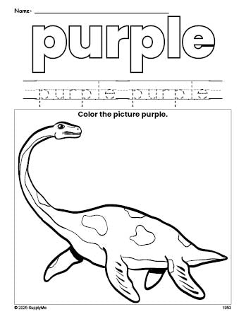 Free dinosaur color purple coloring page and color worksheet, purple worksheet for preschoolers to learn colors, printable PDF