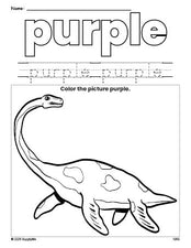 Free dinosaur color purple coloring page and color worksheet, purple worksheet for preschoolers to learn colors, printable PDF