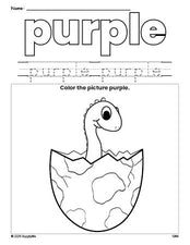 Free dinosaur color purple coloring page and color worksheet, purple worksheet for preschoolers to learn colors, printable PDF