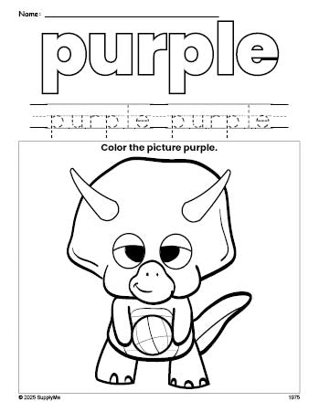 Free dinosaur color purple coloring page and color worksheet, purple worksheet for preschoolers to learn colors, printable PDF