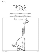 Free dinosaur color red coloring page and color worksheet, red worksheet for preschoolers to learn colors, printable PDF