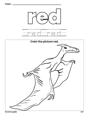 Free dinosaur color red coloring page and color worksheet, red worksheet for preschoolers to learn colors, printable PDF