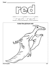 Free dinosaur color red coloring page and color worksheet, red worksheet for preschoolers to learn colors, printable PDF