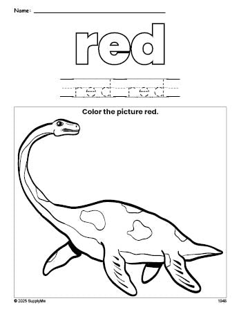 Free dinosaur color red coloring page and color worksheet, red worksheet for preschoolers to learn colors, printable PDF