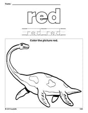 Free dinosaur color red coloring page and color worksheet, red worksheet for preschoolers to learn colors, printable PDF