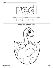 Free dinosaur color red coloring page and color worksheet, red worksheet for preschoolers to learn colors, printable PDF