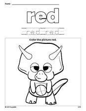 Free dinosaur color red coloring page and color worksheet, red worksheet for preschoolers to learn colors, printable PDF