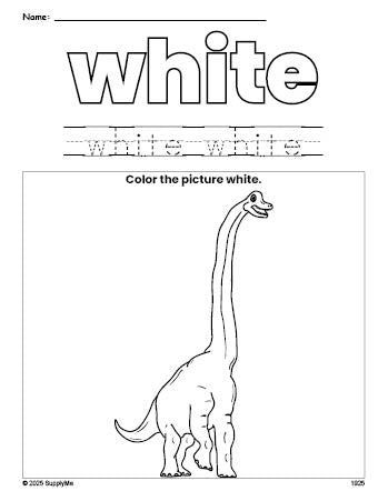 Free dinosaur color white coloring page and color worksheet, white worksheet for preschoolers to learn colors, printable PDF