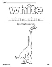 Free dinosaur color white coloring page and color worksheet, white worksheet for preschoolers to learn colors, printable PDF