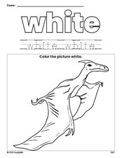 Free dinosaur color white coloring page and color worksheet, white worksheet for preschoolers to learn colors, printable PDF