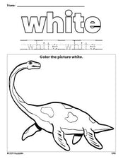 Free dinosaur color white coloring page and color worksheet, white worksheet for preschoolers to learn colors, printable PDF