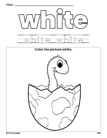 Free dinosaur color white coloring page and color worksheet, white worksheet for preschoolers to learn colors, printable PDF