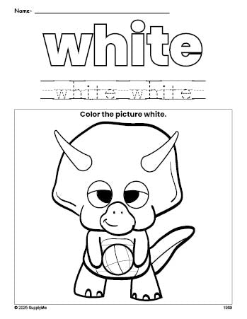 Free dinosaur color white coloring page and color worksheet, white worksheet for preschoolers to learn colors, printable PDF