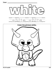 Free dinosaur color white coloring page and color worksheet, white worksheet for preschoolers to learn colors, printable PDF