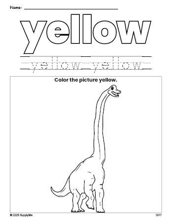 Free dinosaur color yellow coloring page and color worksheet, yellow worksheet for preschoolers to learn colors, printable PDF