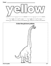 Free dinosaur color yellow coloring page and color worksheet, yellow worksheet for preschoolers to learn colors, printable PDF