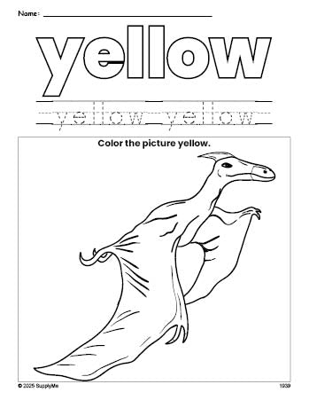 Free dinosaur color yellow coloring page and color worksheet, yellow worksheet for preschoolers to learn colors, printable PDF