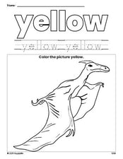 Free dinosaur color yellow coloring page and color worksheet, yellow worksheet for preschoolers to learn colors, printable PDF