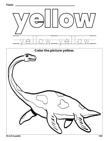 Free dinosaur color yellow coloring page and color worksheet, yellow worksheet for preschoolers to learn colors, printable PDF