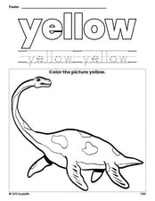 Free dinosaur color yellow coloring page and color worksheet, yellow worksheet for preschoolers to learn colors, printable PDF