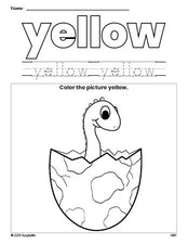 Free dinosaur color yellow coloring page and color worksheet, yellow worksheet for preschoolers to learn colors, printable PDF