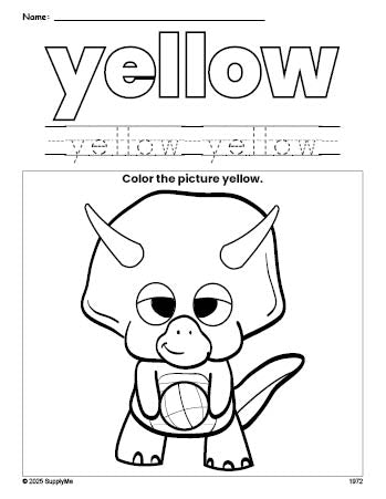 Free dinosaur color yellow coloring page and color worksheet, yellow worksheet for preschoolers to learn colors, printable PDF